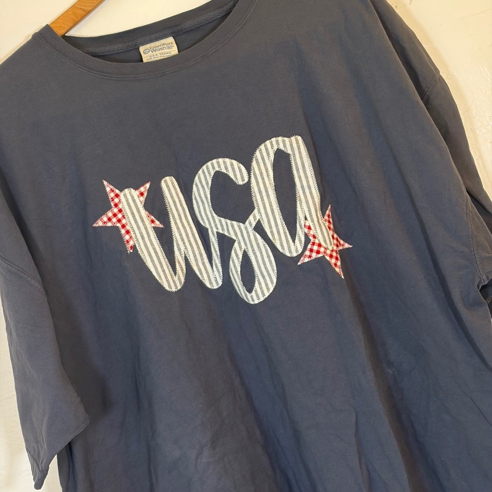 New USA Patriotic Embroidered Stars T-Shirt Comfort Wash Blue 3XL 100% Cotton